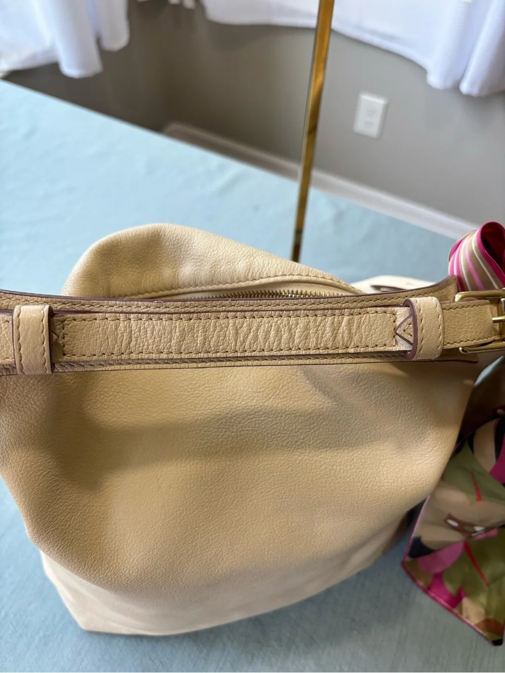 Dooney & Bourke Ecru Cream Pebbled Leather Shoulder Hobo with Colorful Scarf